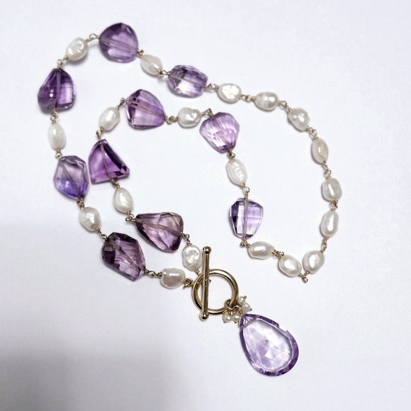 14K Gold Amethyst Pearl Drop Necklace - Picture 6 of 12
